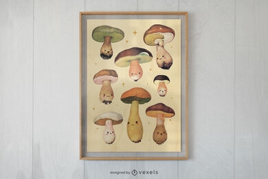 Design de cartaz de natureza de fantasia de cogumelos fofos