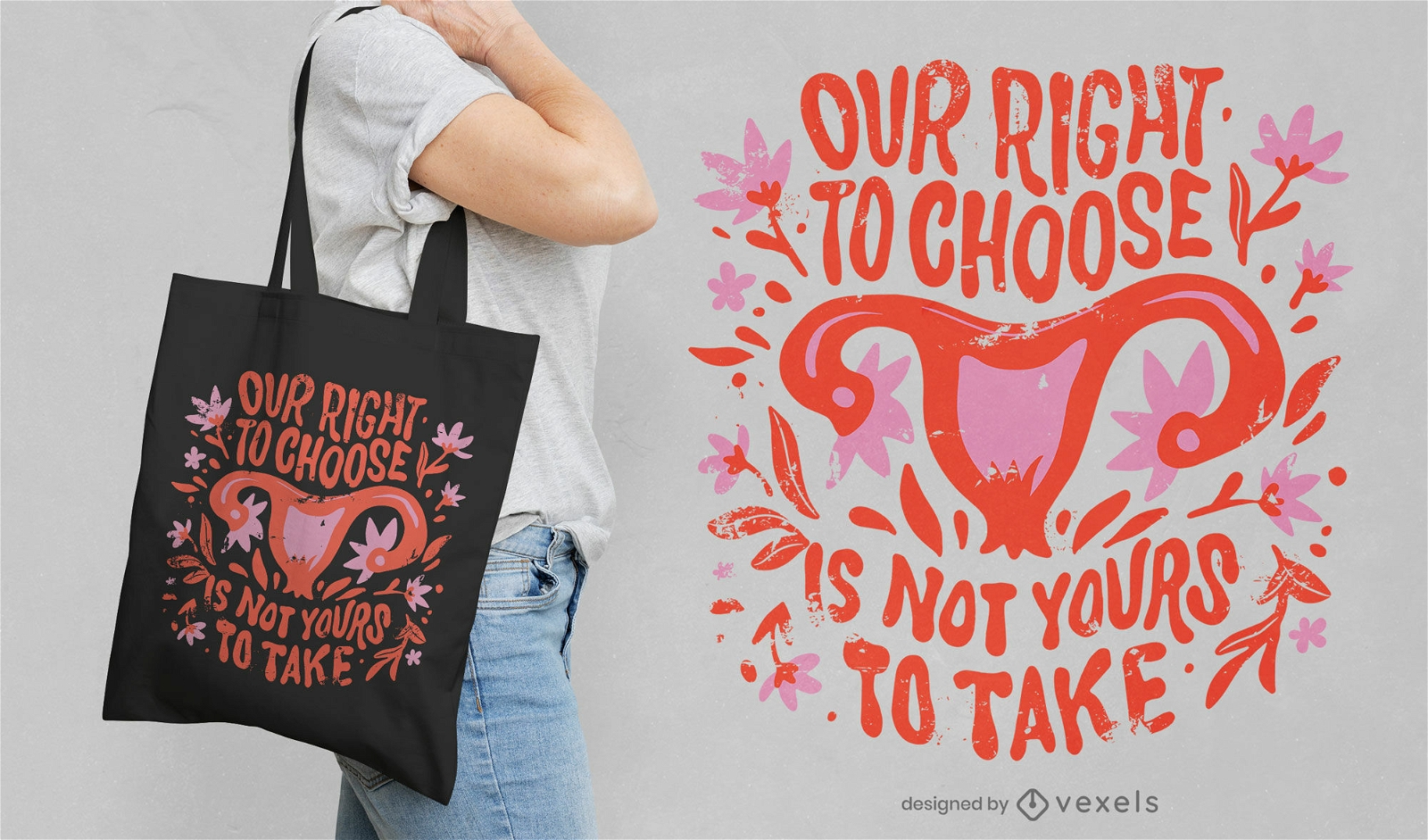 Design de bolsa floral com citações feministas do útero