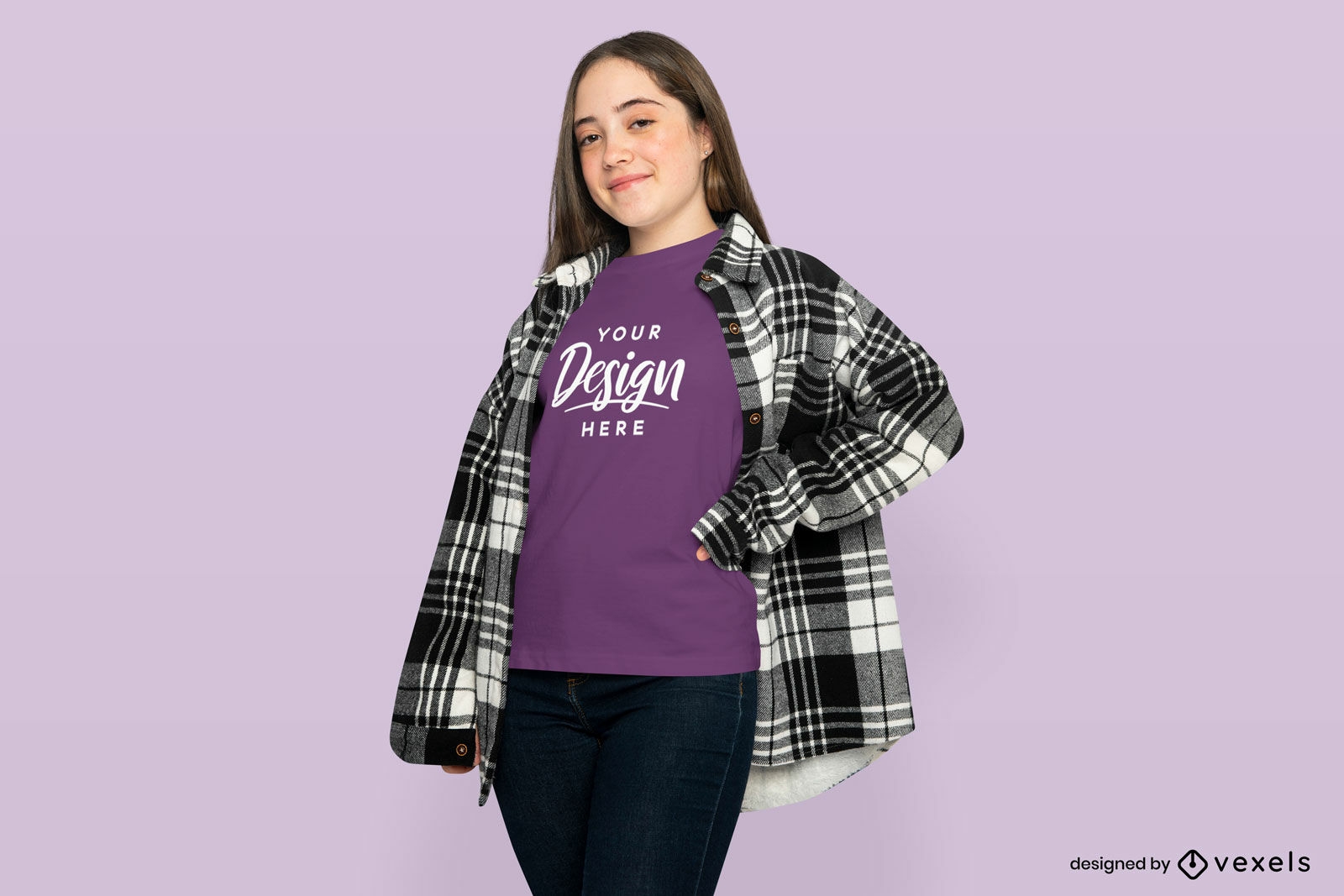 Teen girl in flannel shirt and t-shirt mockup