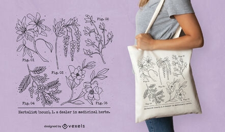 Botanical floral collage tote bag design