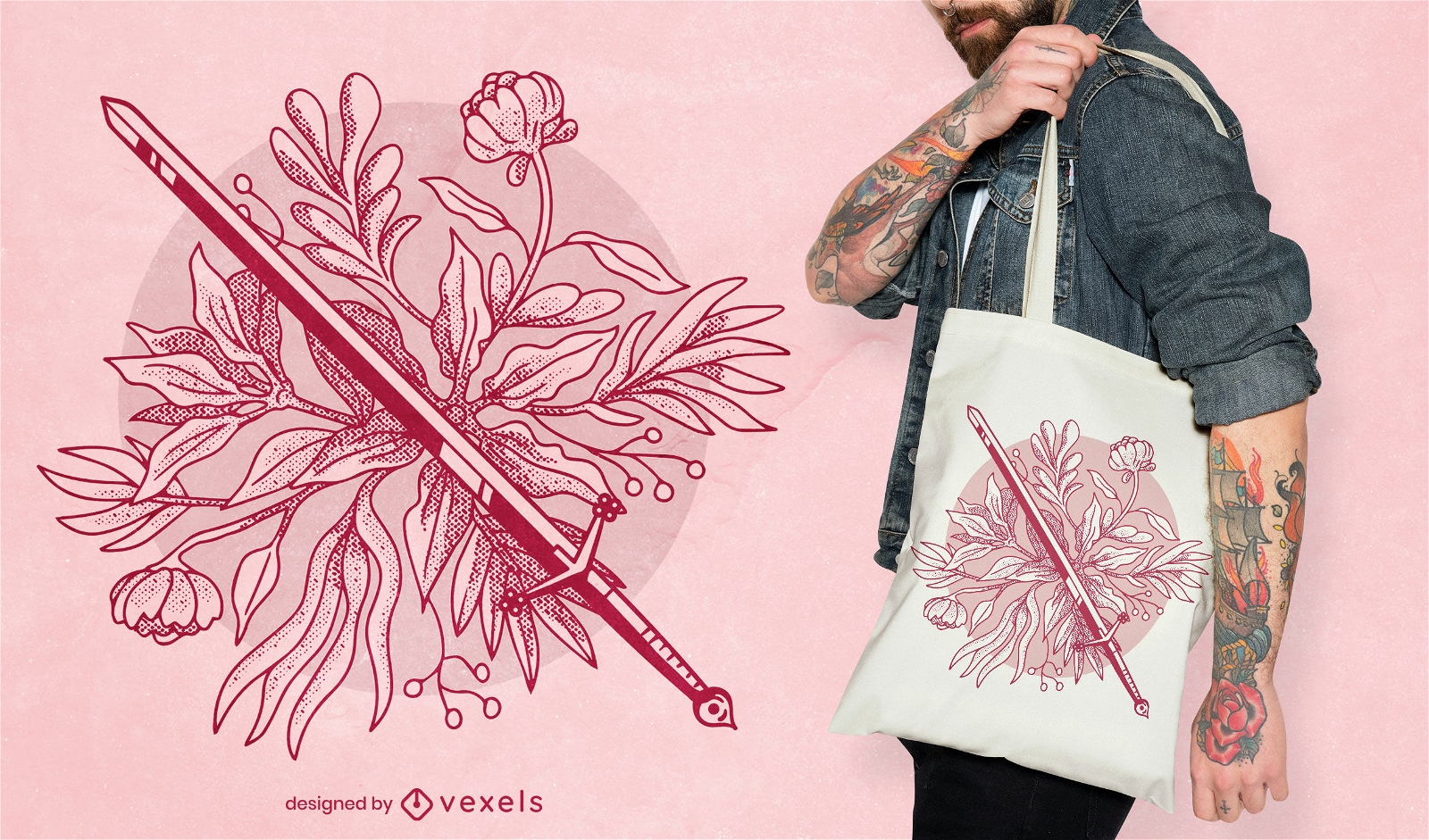 Diseño de bolso de mano con espada floral.