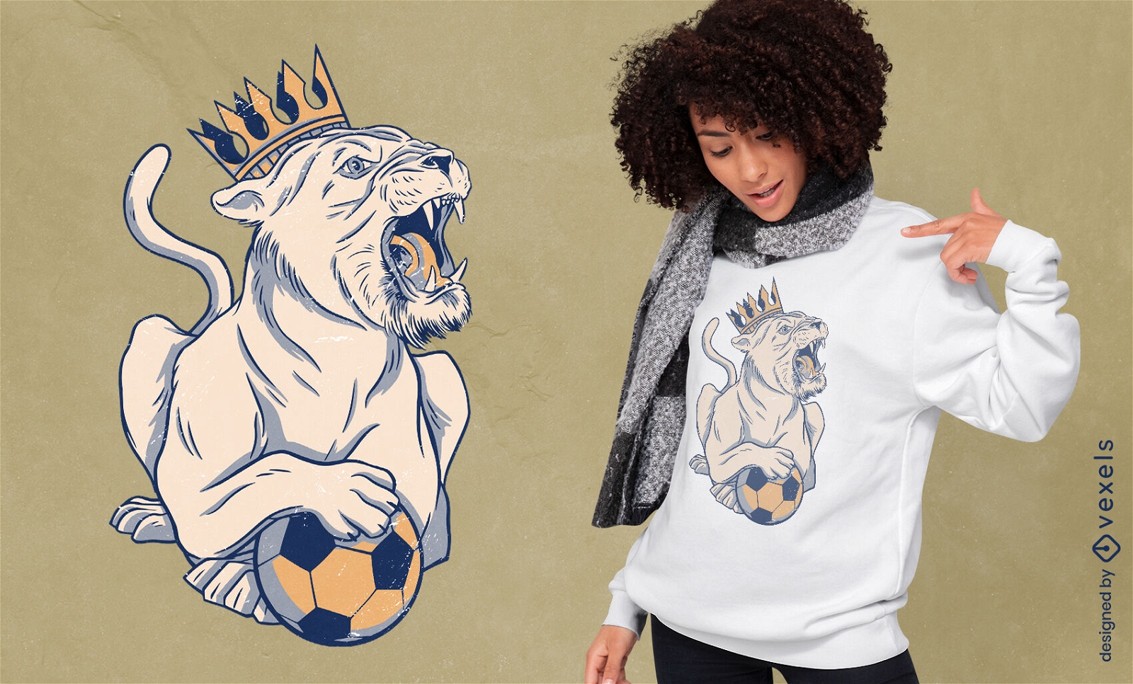 Diseño de camiseta de animal leona con corona.