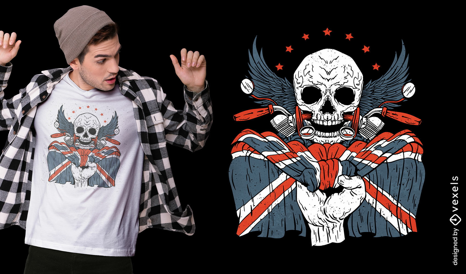 Bandeira britânica e design de t-shirt de caveira