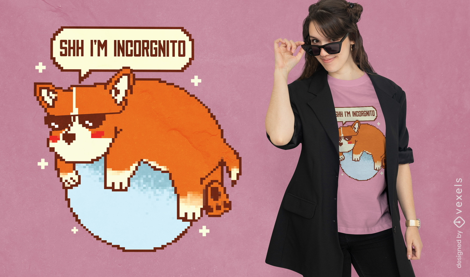 Diseño de camiseta de incógnito de perro pixel corgi