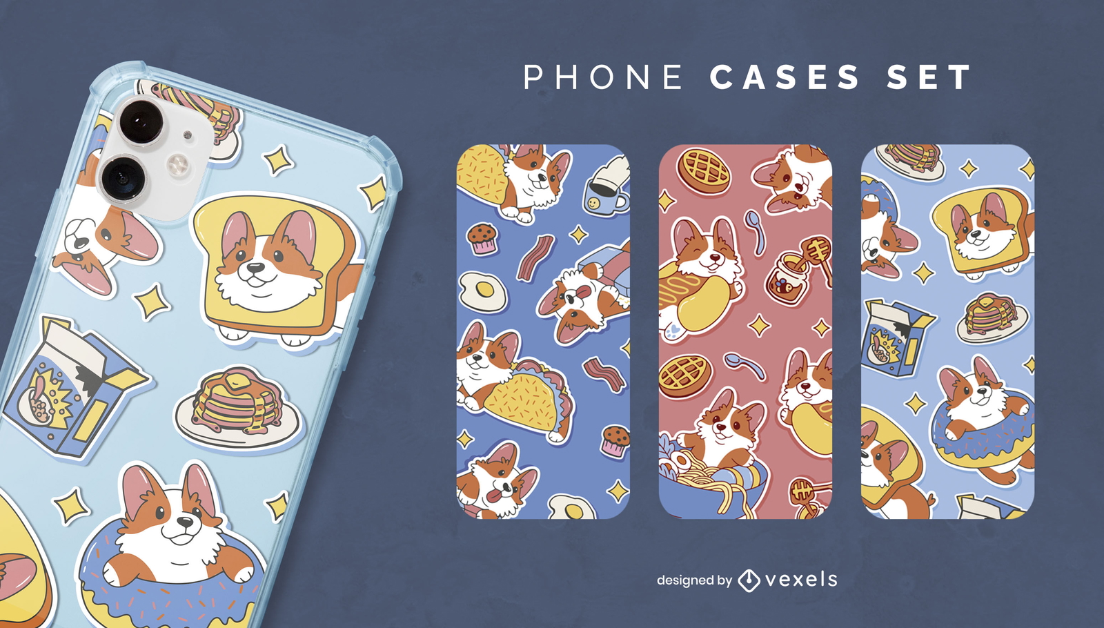 Conjunto de fundas de teléfono con personajes de comida para perros Corgi