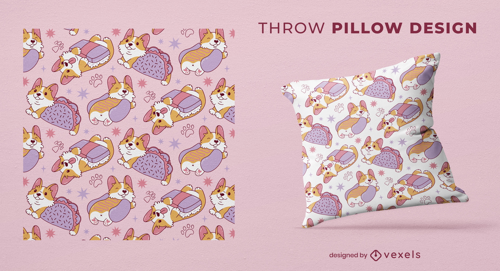 Diseño de almohada de tiro con patrón de comida Corgi