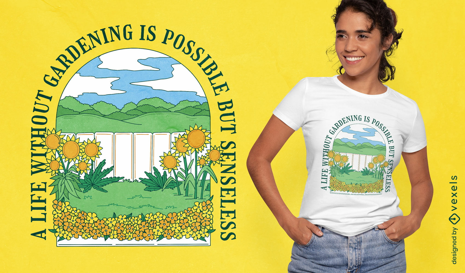 Diseño de camiseta de naturaleza de jardín de girasol.