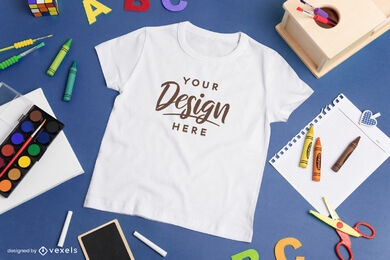 T-shirt over desk with school supplies mockup