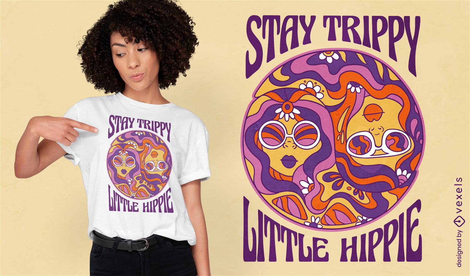 Design de camiseta de meninas hippie feliz dos anos 60