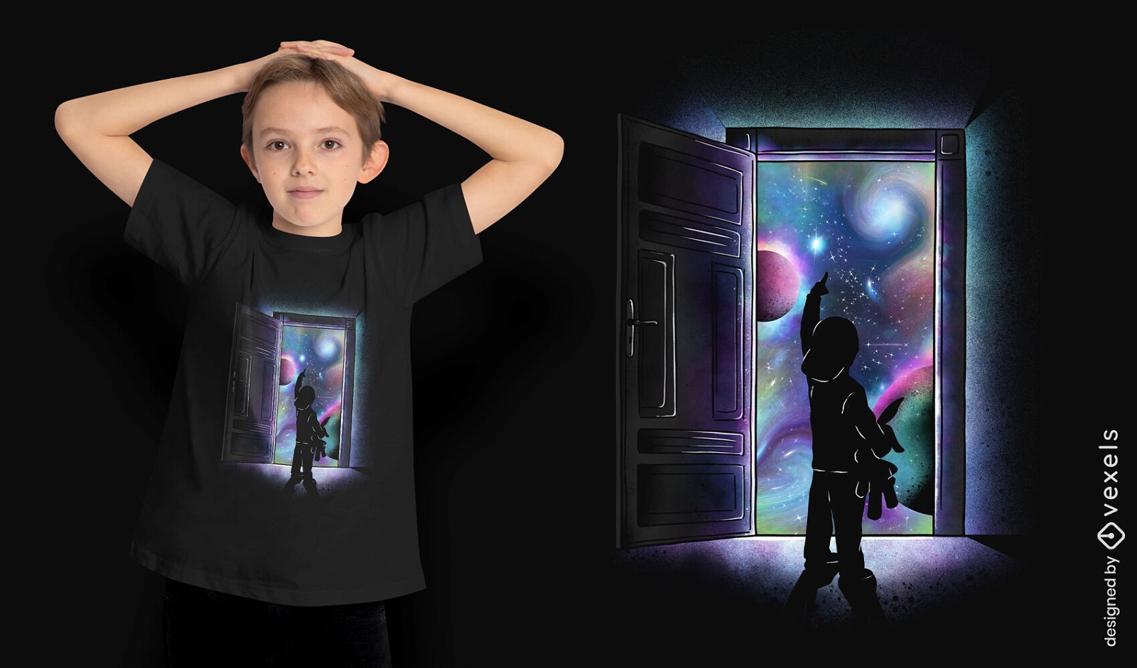 T-Shirt-Design mit kosmischem Tür-Trippy-Raum