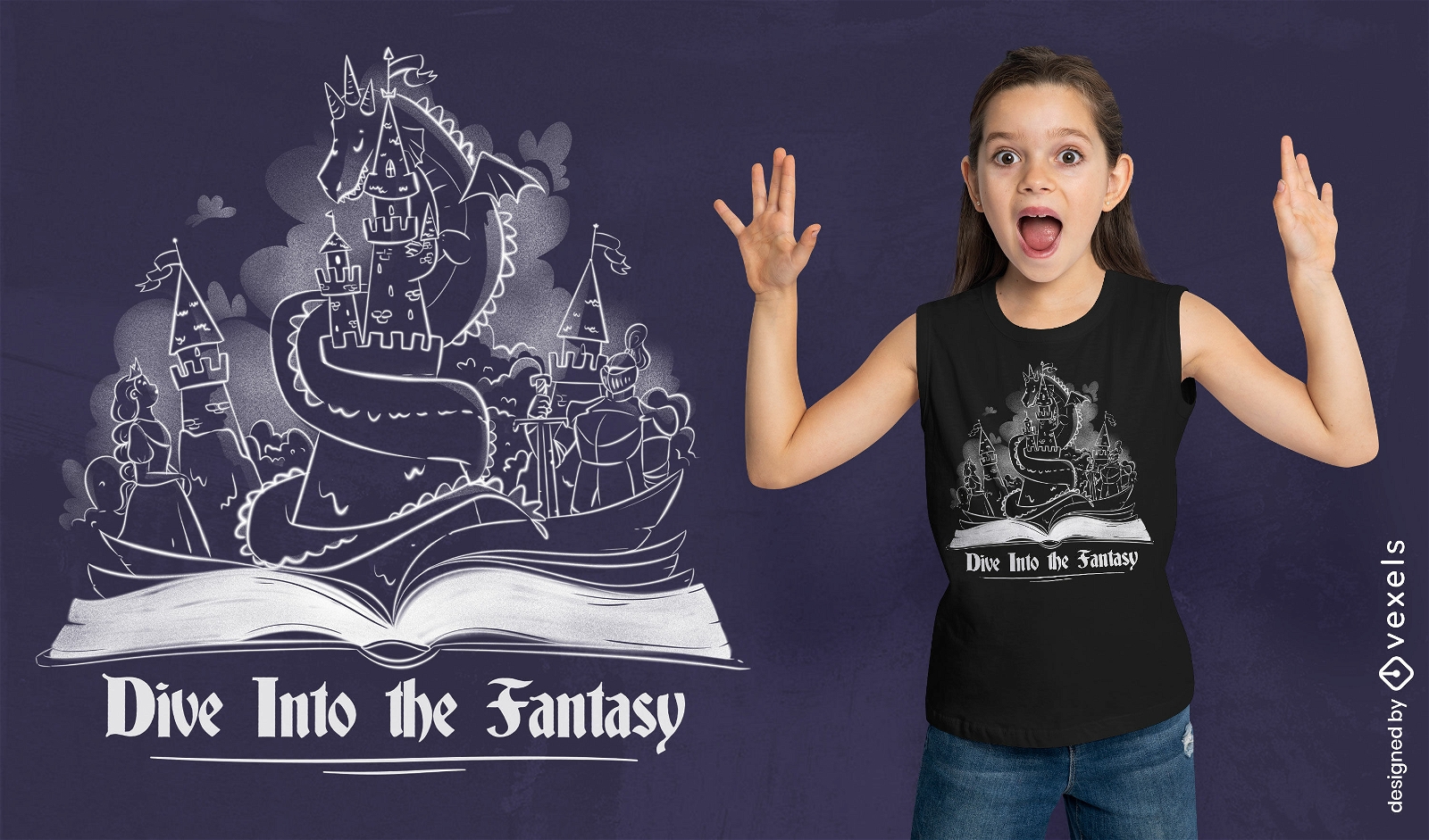 Diseño de camiseta infantil de libro de fantasía.