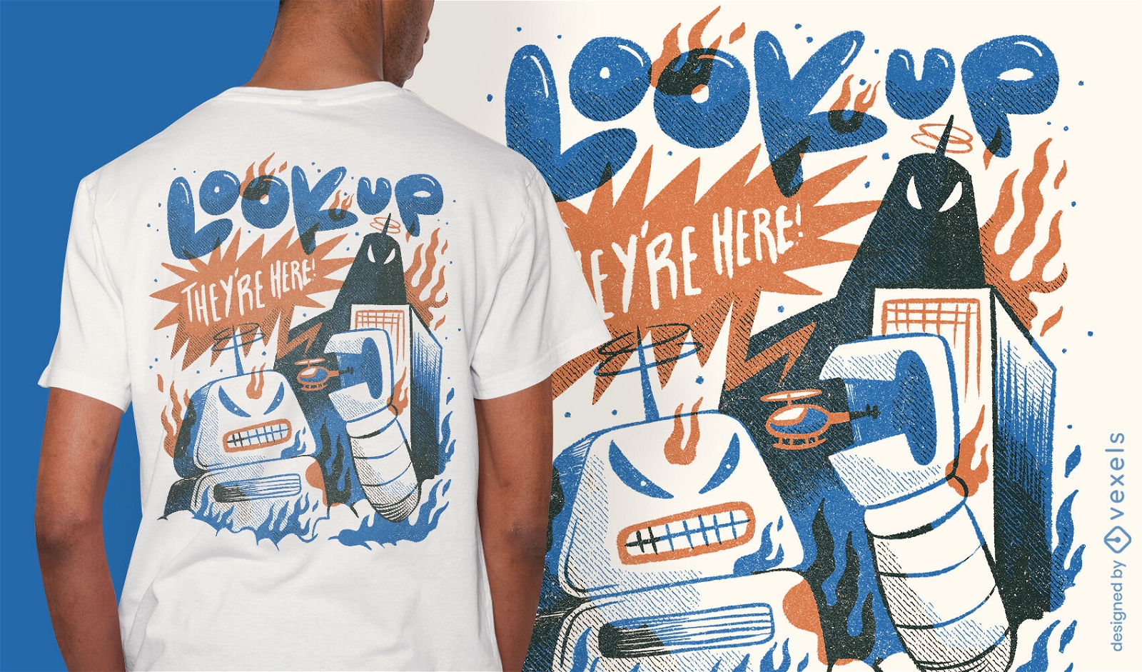 Diseño de camiseta de invasión de robots gigantes.