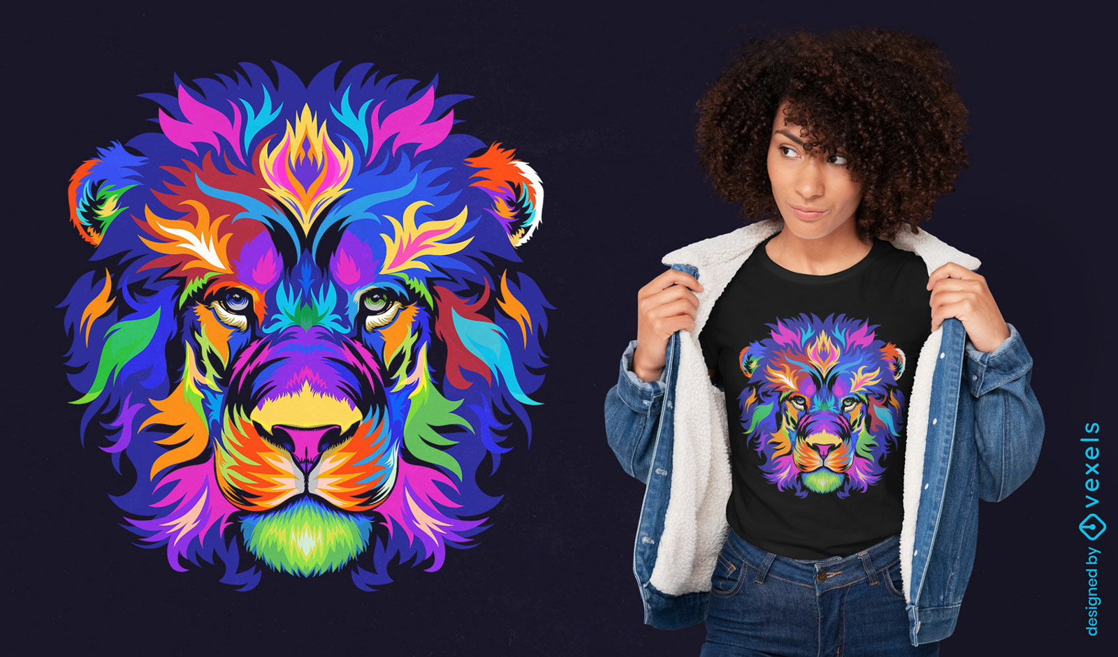 Diseño colorido de camiseta con cabeza de león.