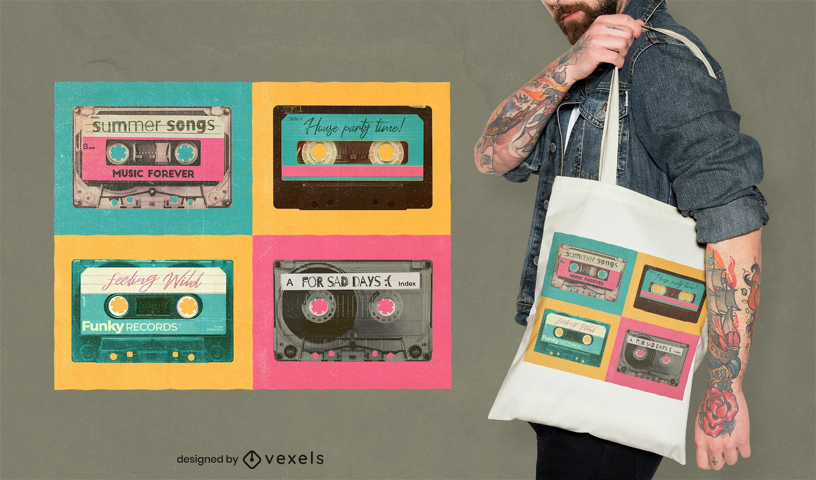 Retro cassette tote bag design