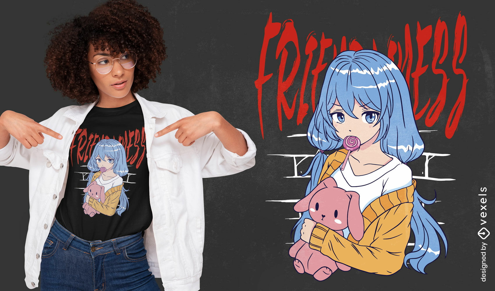 Chica anime con diseño de camiseta de juguete de conejo.