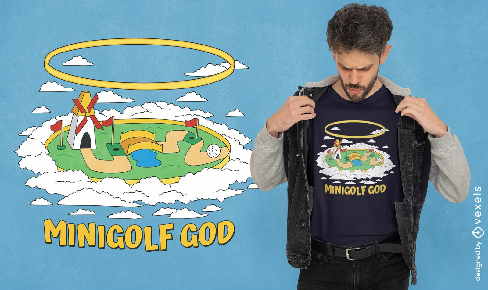 Jogo de minigolfe no design de camiseta em nuvem
