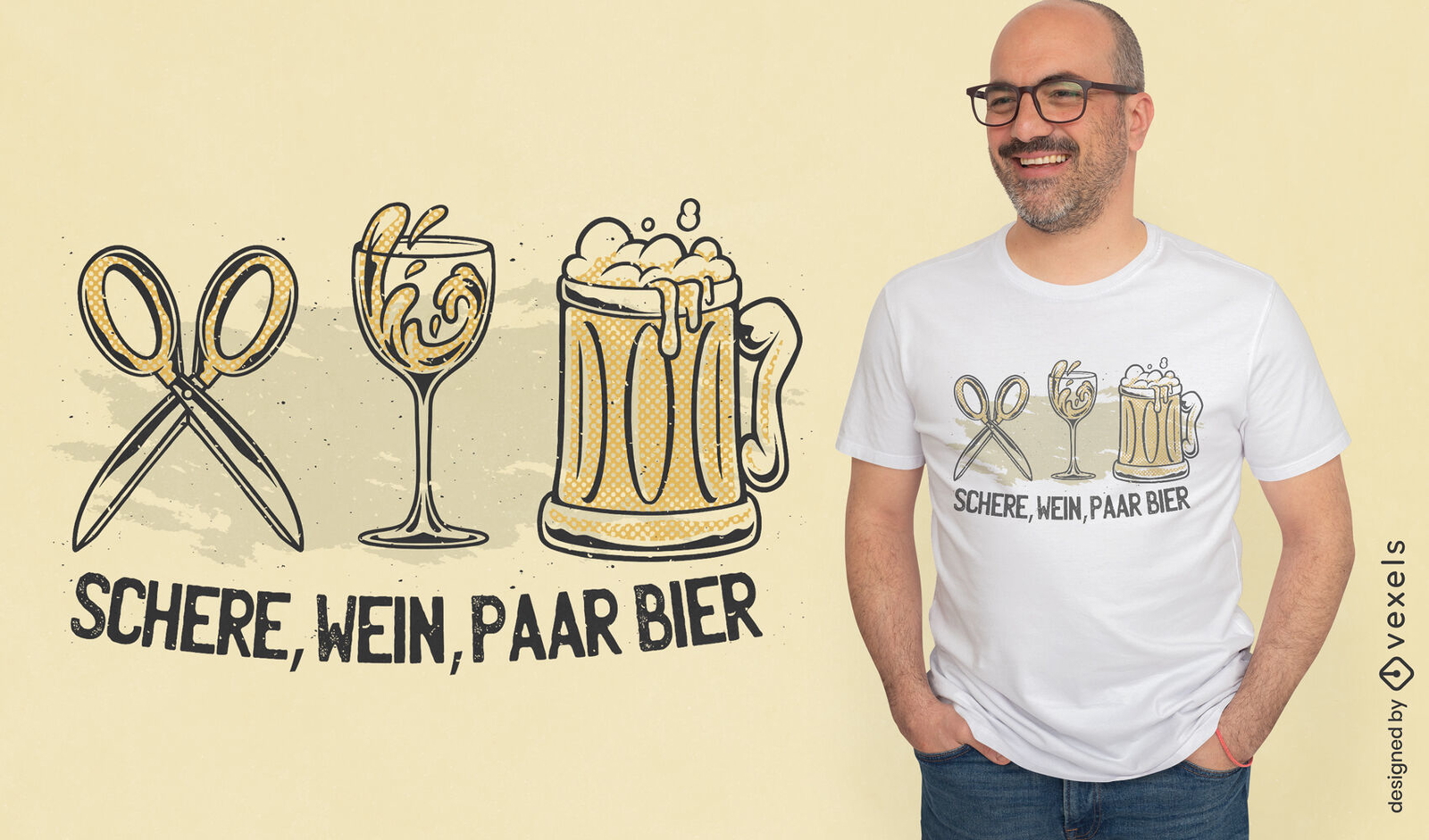 Diseño de camiseta de bebidas de cerveza y vino de tijera.