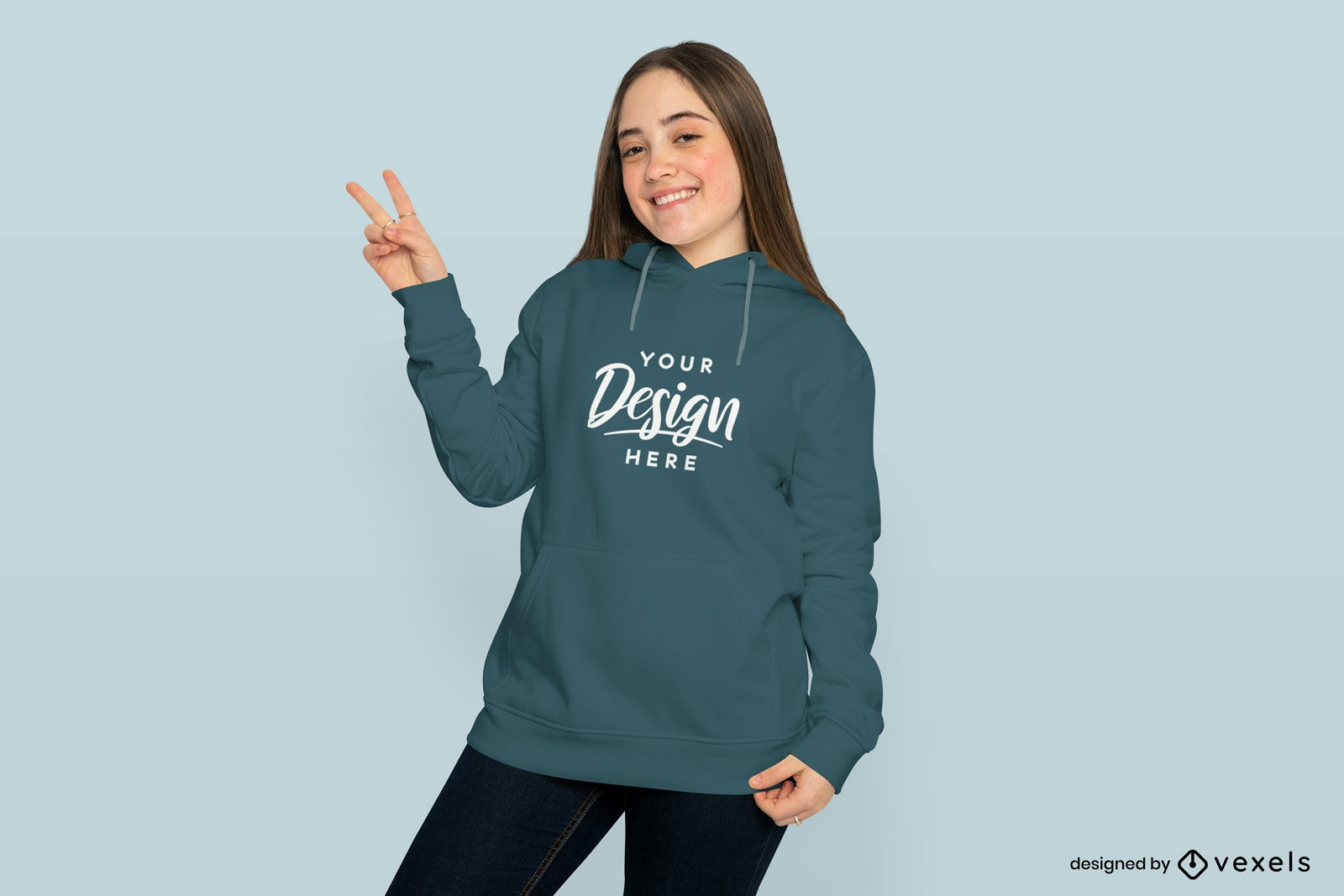 Teenage girl peace sign hoodie mockup