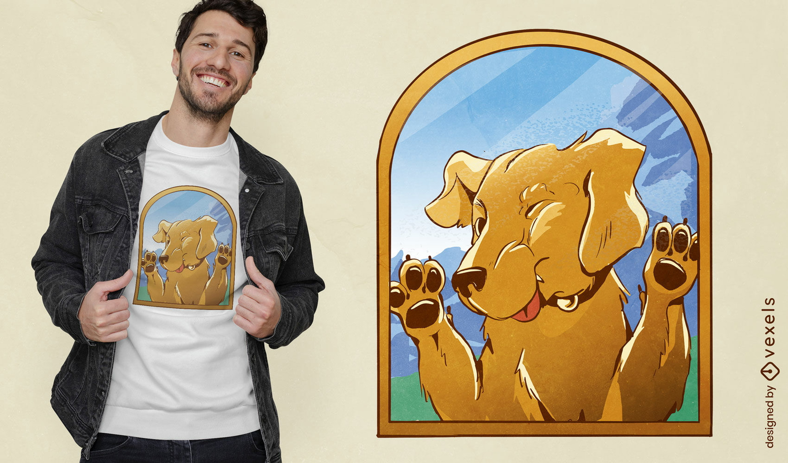 Perro labrador de dibujos animados en diseño de camiseta de ventana