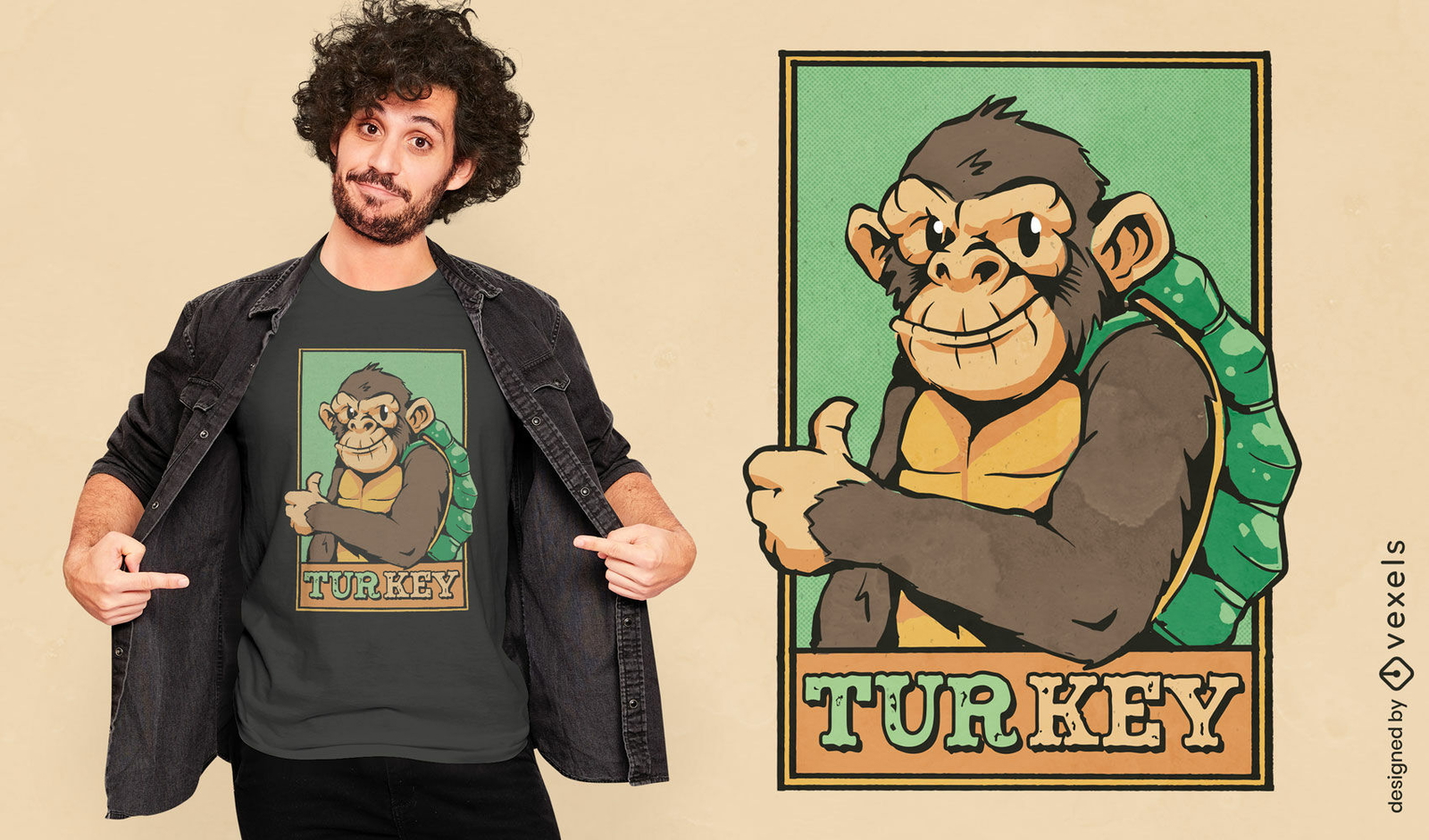 Diseño de camiseta animal mono tortuga.