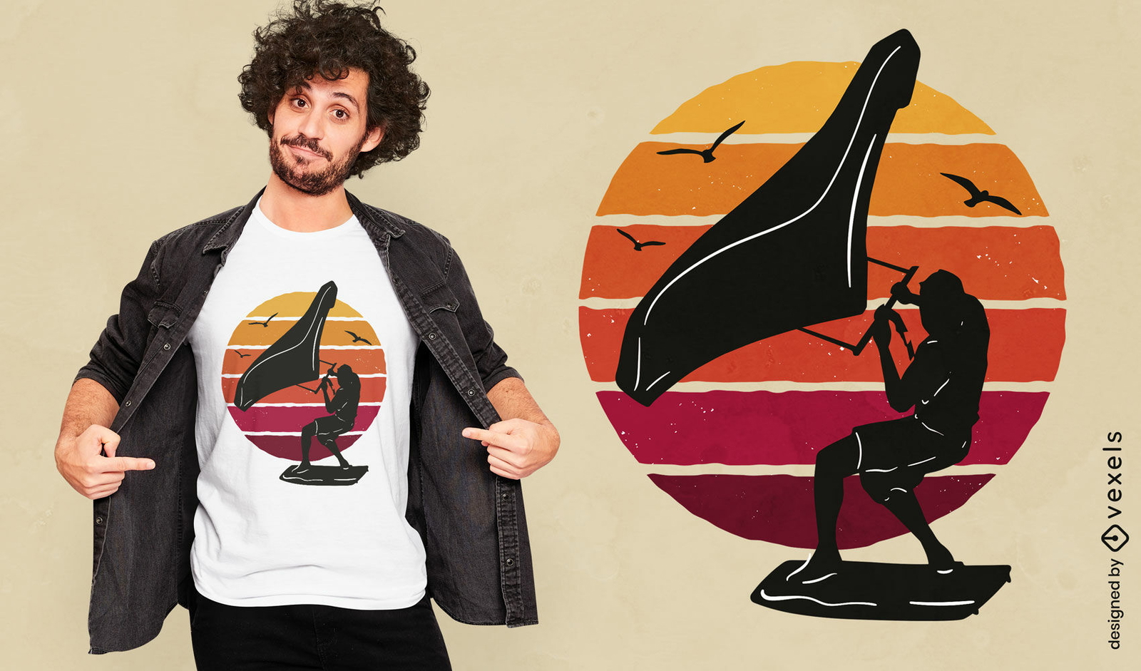 Diseño retro de camiseta de deportes acuáticos de hidroala al atardecer.