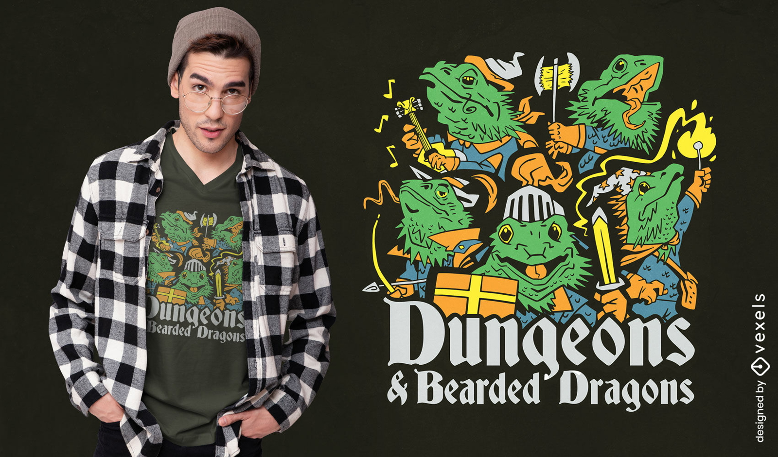 Diseño de camiseta de fantasía de dragones barbudos.