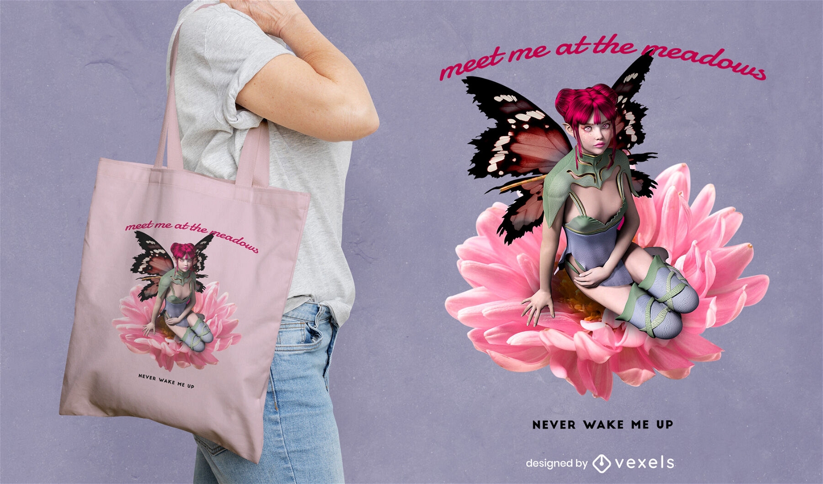 Anime fairy on flower tote bag design