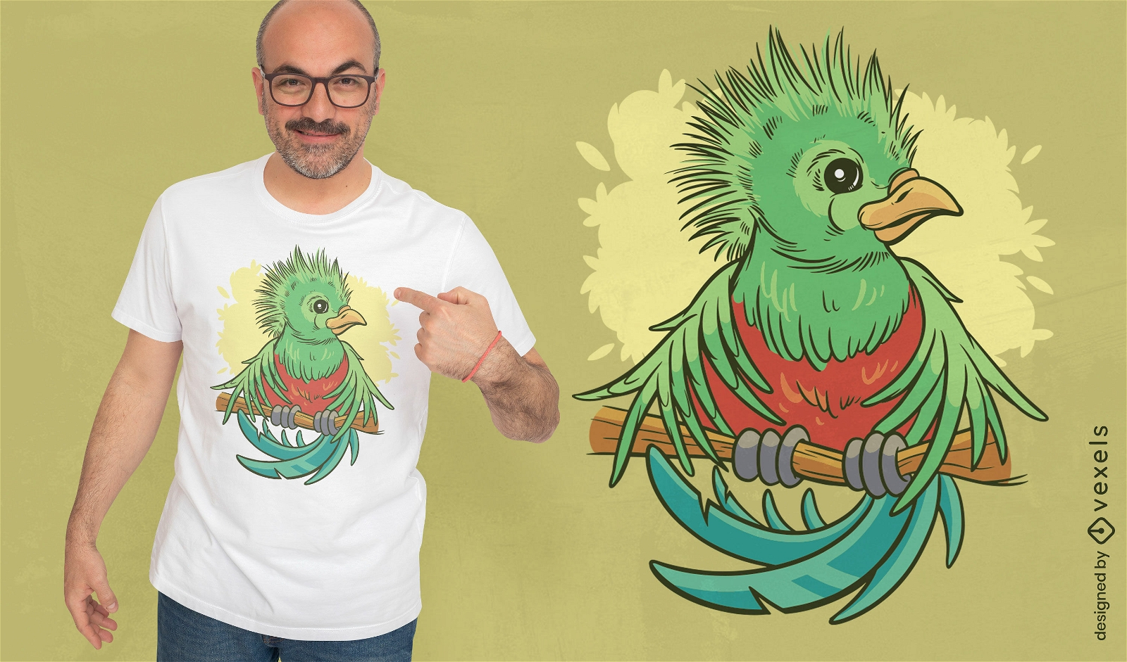 Diseño de camiseta de dibujos animados de animales de pájaro quetzal