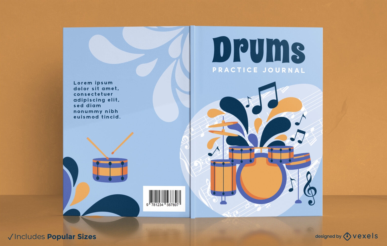 Diseño de portada de libro de instrumentos musicales de batería.