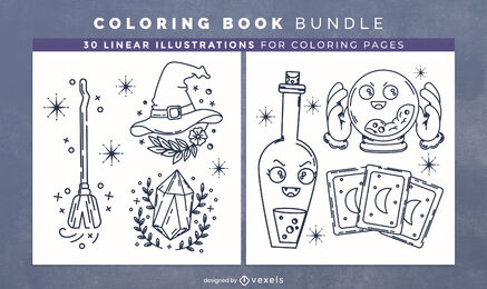 Magic witch elements coloring book design pages