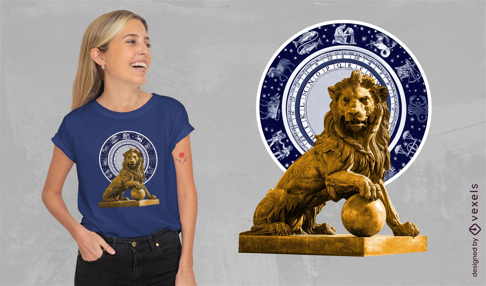 Löwe-Tierstatuen-Tierkreis-T-Shirt psd