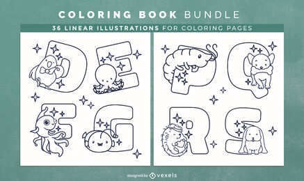 Design de páginas de livro de colorir de alfabeto animal fofo