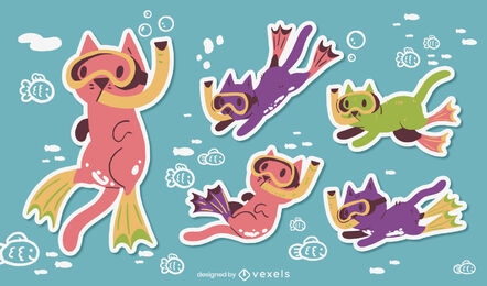 Snorkeling cat cartoon sticker set