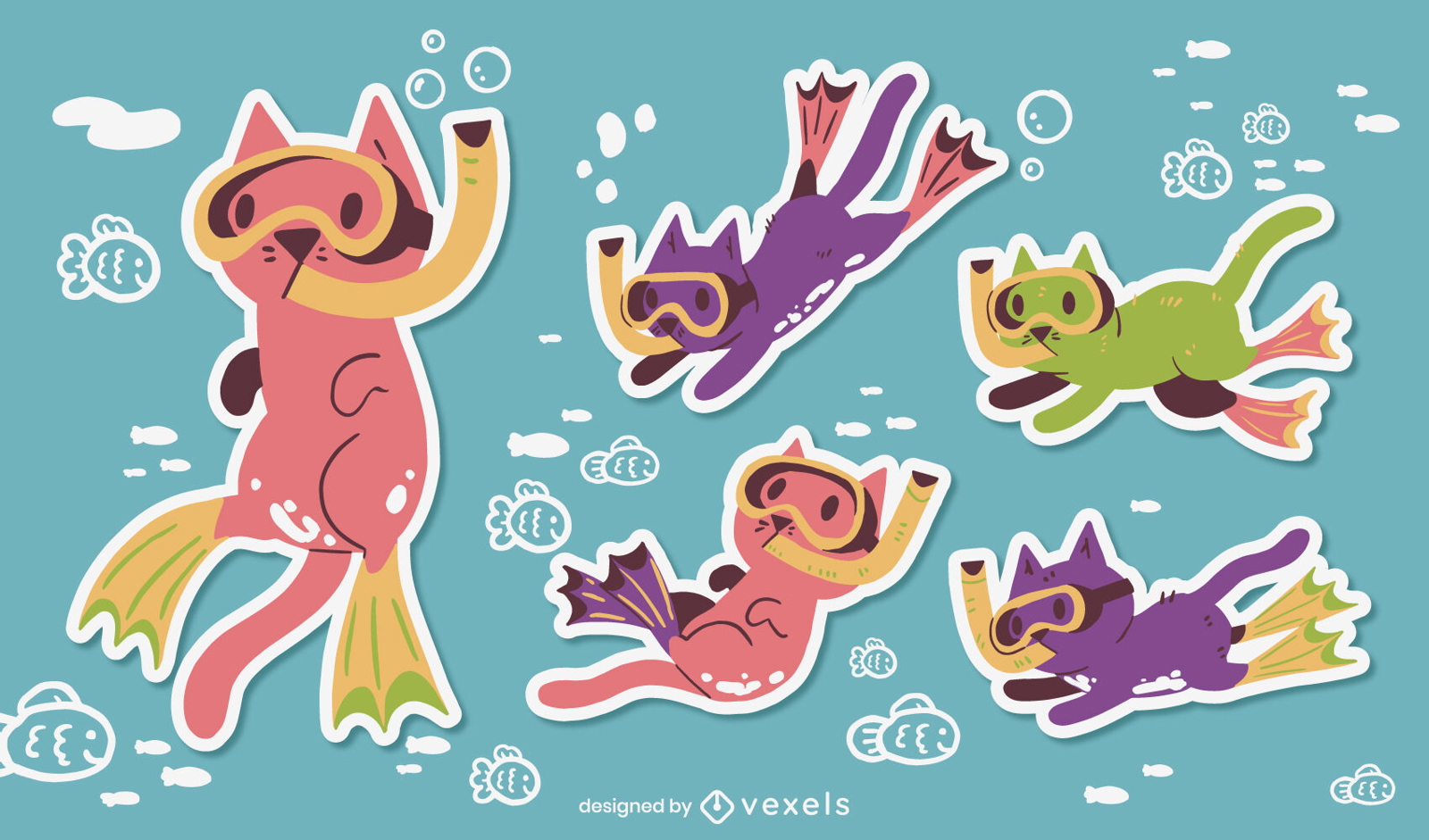 Conjunto de adesivos de desenhos animados de gato mergulhando com snorkel