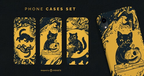 Black cat Halloween phone cases set
