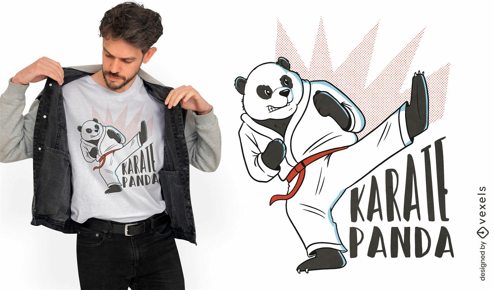 Design de camiseta de desenho animado de panda de karatê