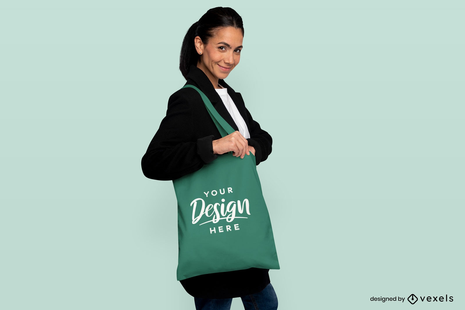 Woman with ponytail and tote bag mockup