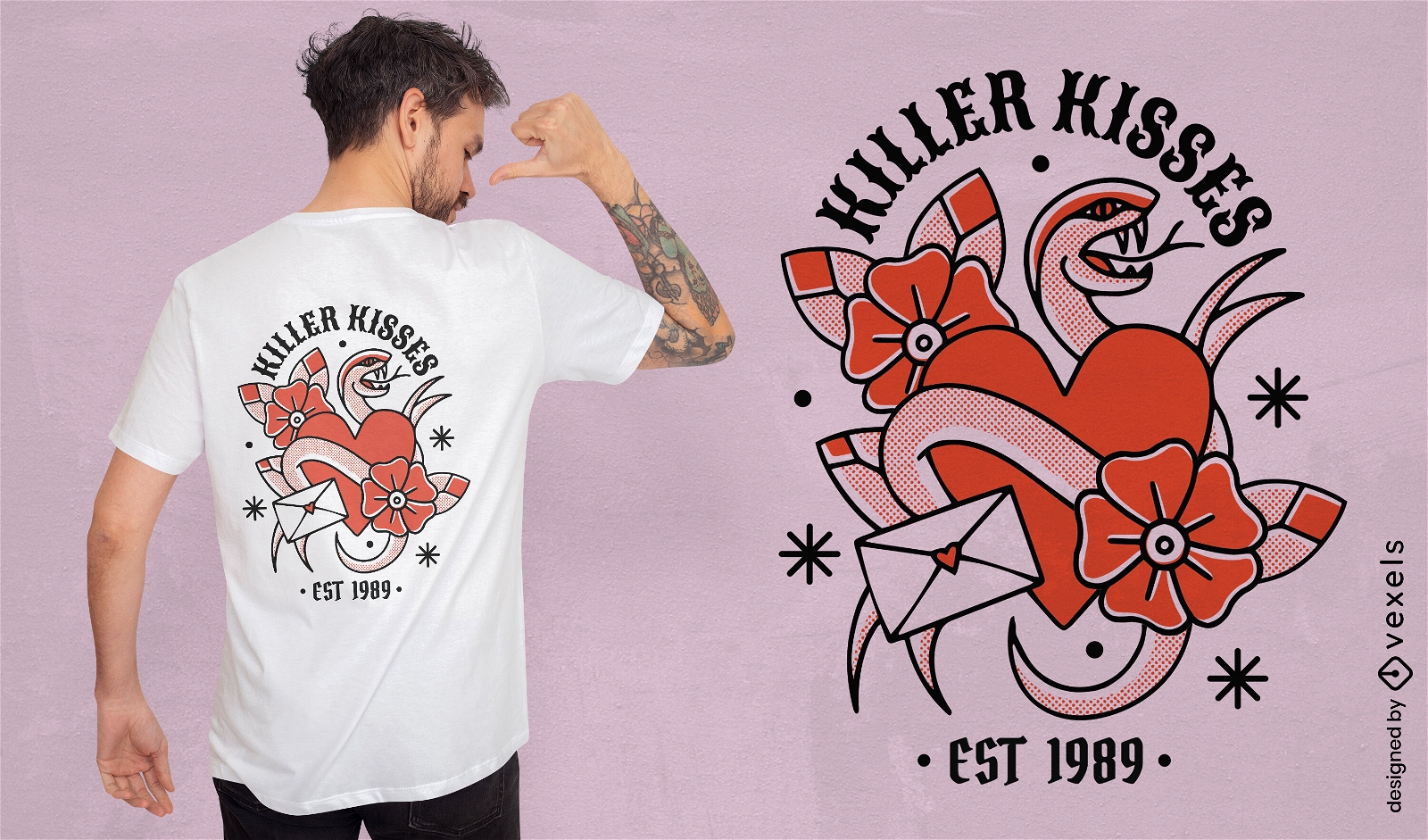 Design de camiseta de tatuagem de cobra beija