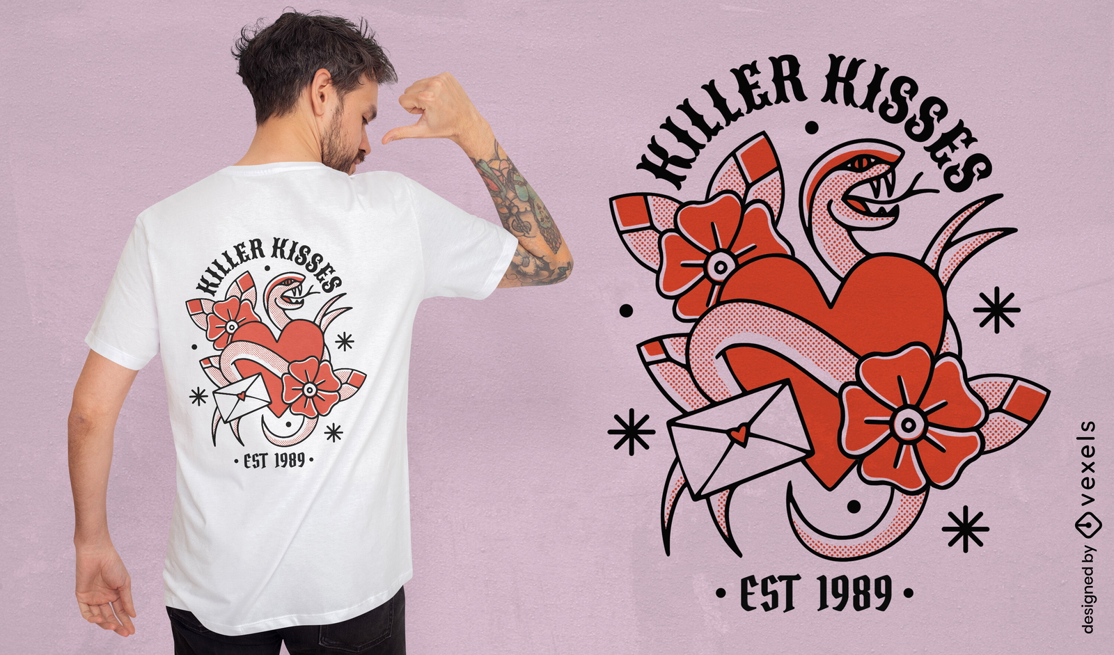 Diseño de camiseta de tatuaje de besos de serpiente