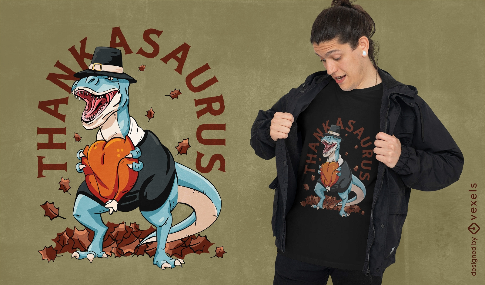 Diseño de camiseta de acción de gracias de dinosaurio t-rex