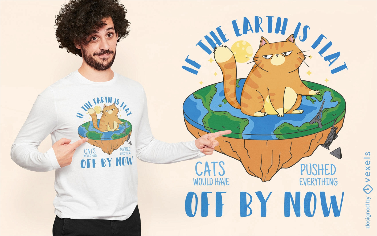 Gato sobre design de camiseta engraçada de terra plana