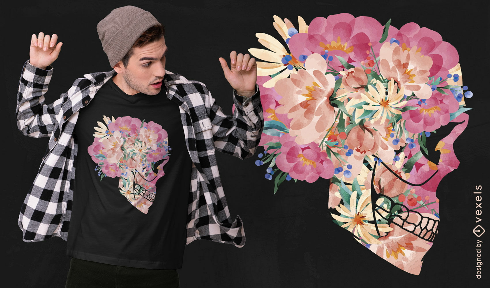 Watercolor skeleton with flowers t-shirt design