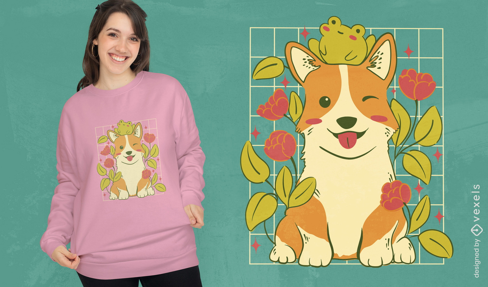 Lindo diseño de camiseta de perro y rana corgi