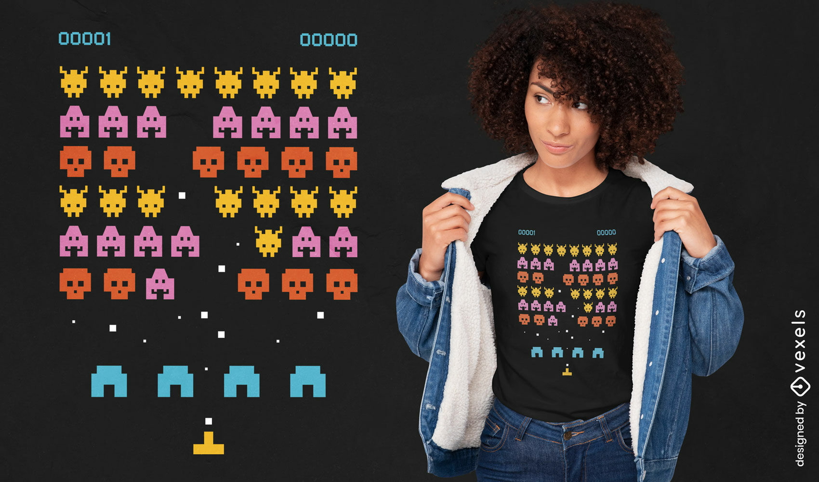 Videojuego en diseño de camiseta pixel art.