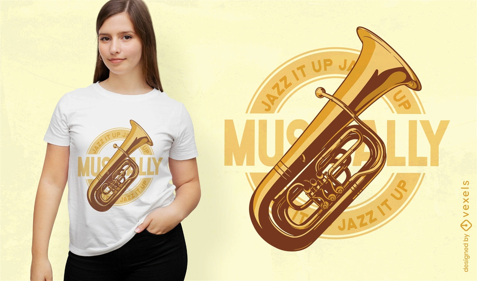 Diseño de camiseta de instrumento musical de trompeta.