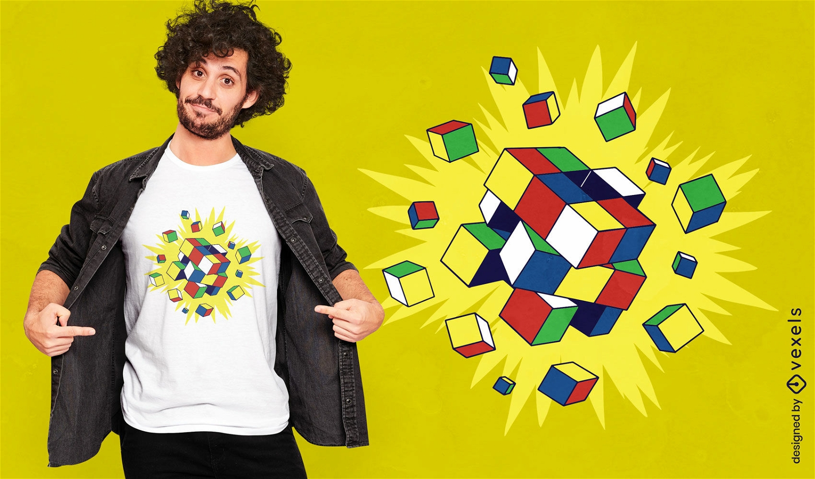 Design de camiseta de explosão de brinquedo de cubo colorido