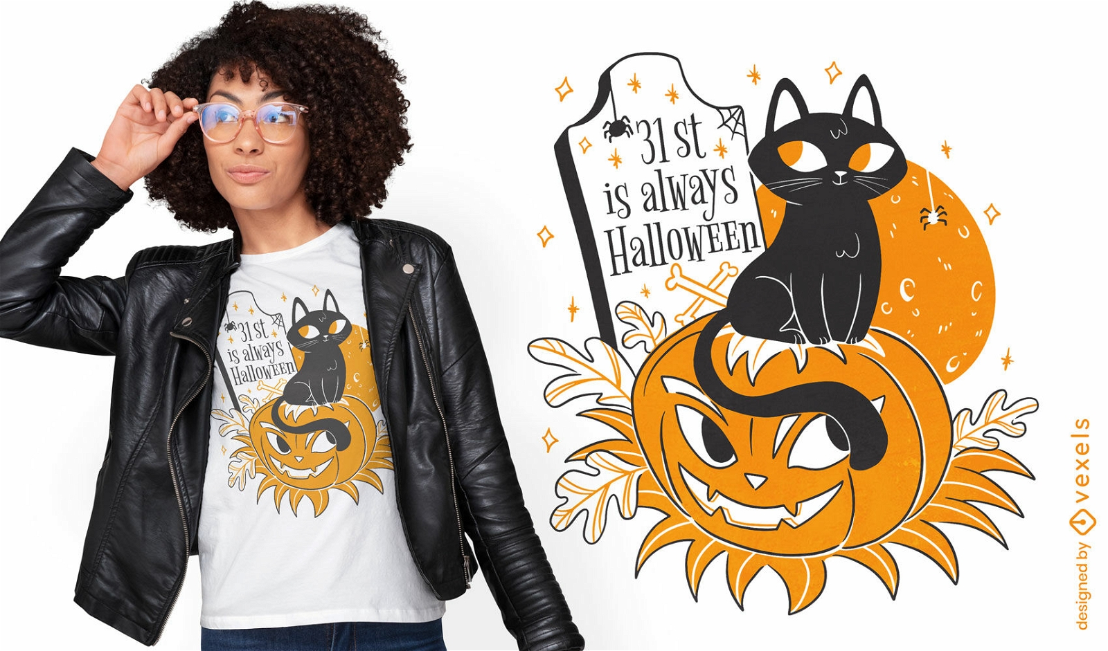 Cute black cat in halloween t-shirt design