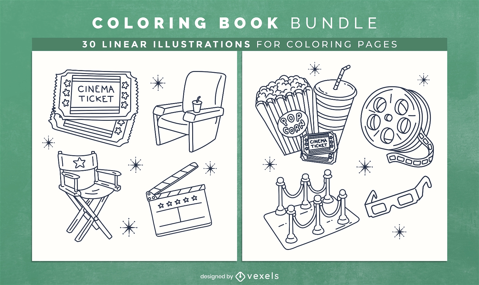 Páginas de design de livro para colorir de cinema