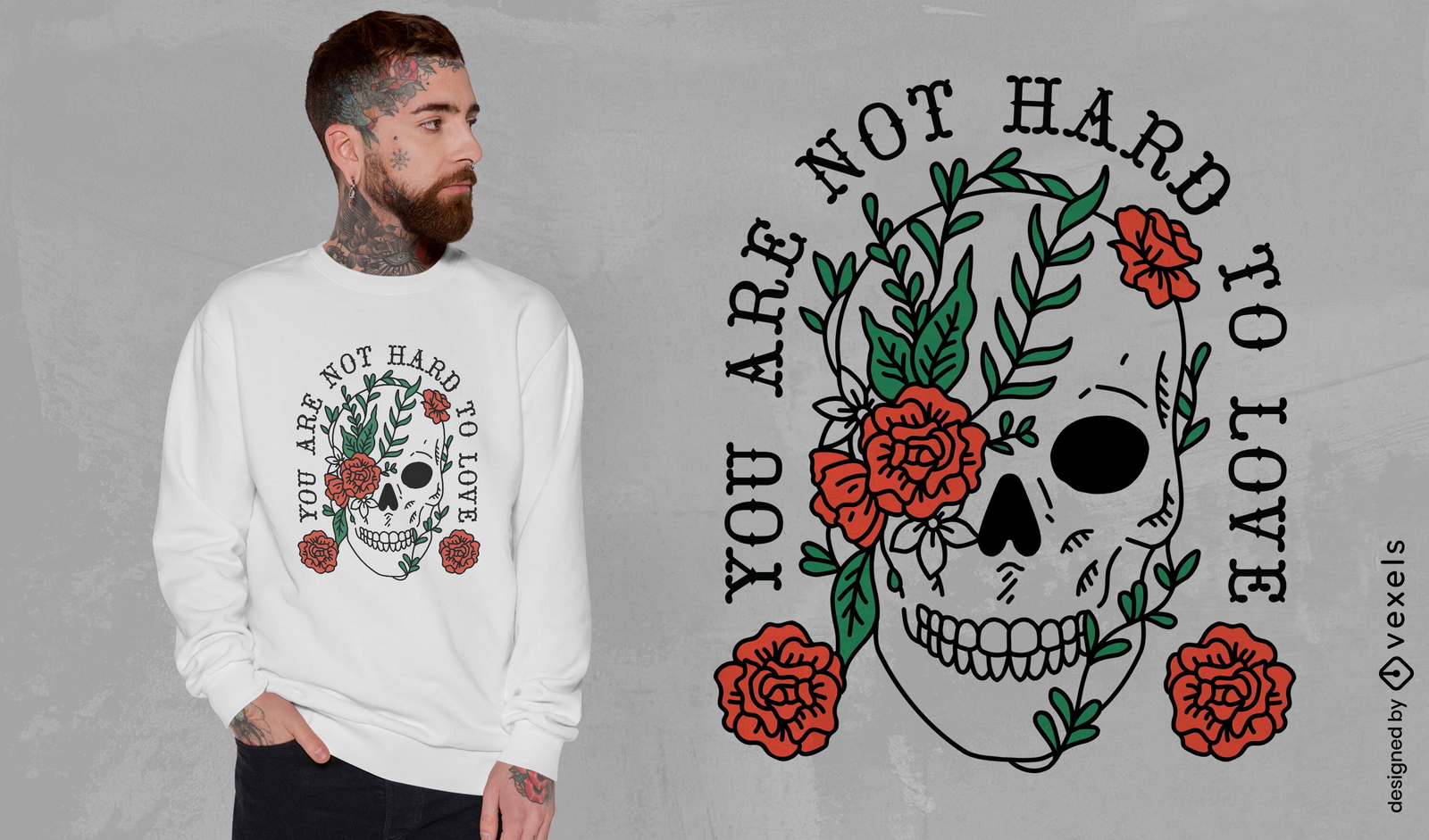 Diseño de camiseta con cita de calavera y amor de rosas.