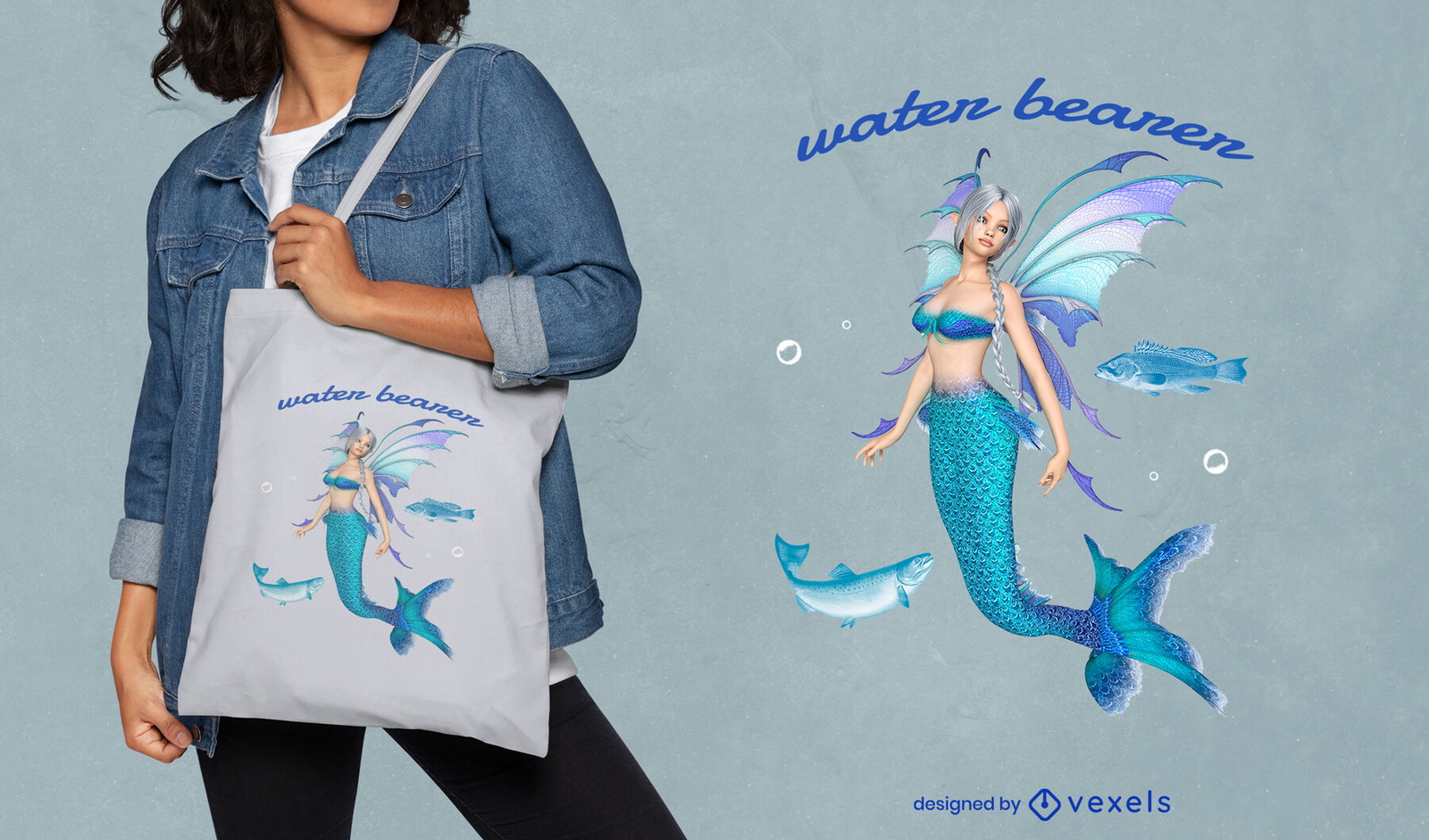 3D Mermaid and fishes tote bag design